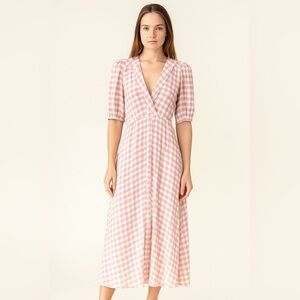 Reformation pink checker deep v neck plunge midi dress SIZE SMALL